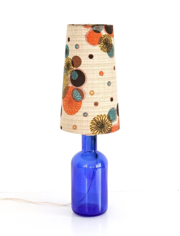 Blue Glass Lamp with Original Floral Shade Vintage 1960, Ophalen