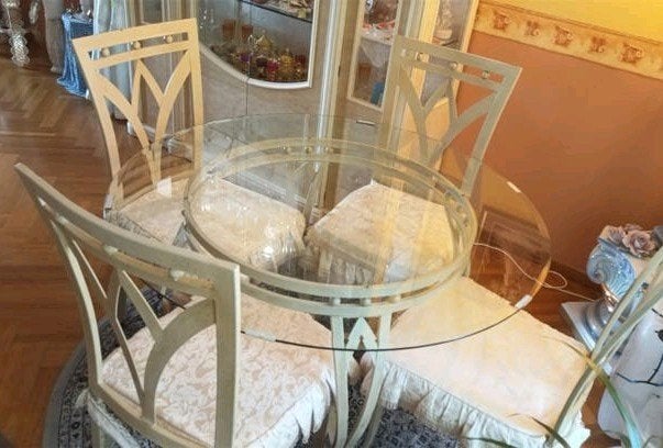 Table Salle à Manger en Verre et Fer Forgé, 4 chaises., Enlèvement
