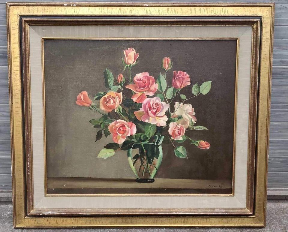 Huile sur toile fleur signe cauchie, Antiquités & Art, Enlèvement ou Envoi