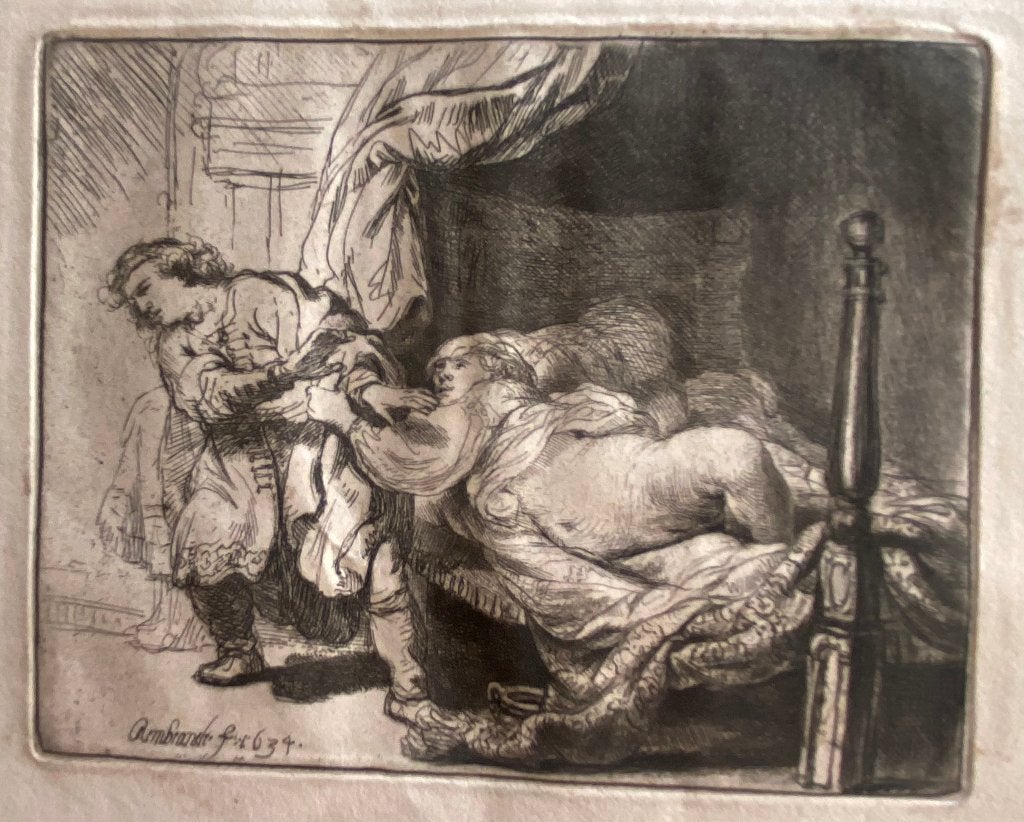 Rembrandt - Ets: Josef en de vrouw van Potifar (1634), Antiek en Kunst, Kunst | Etsen en Gravures, Ets, Religie, Gesigneerd, 1600 - 1699