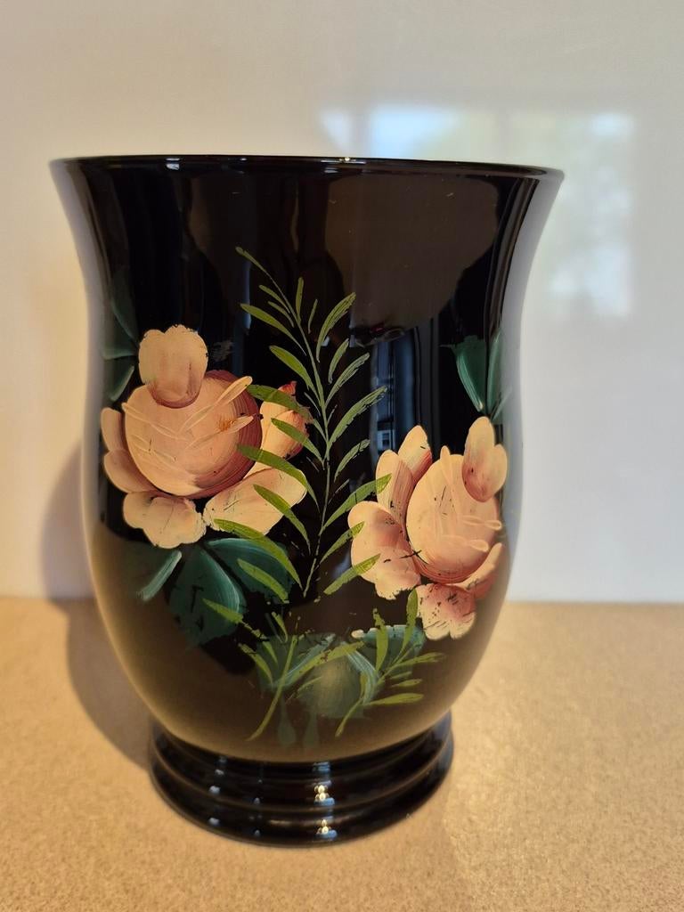 Vintage Booms glas vaas met rozen handbeschilderd, Antiek en Kunst, Antiek | Vazen, Ophalen