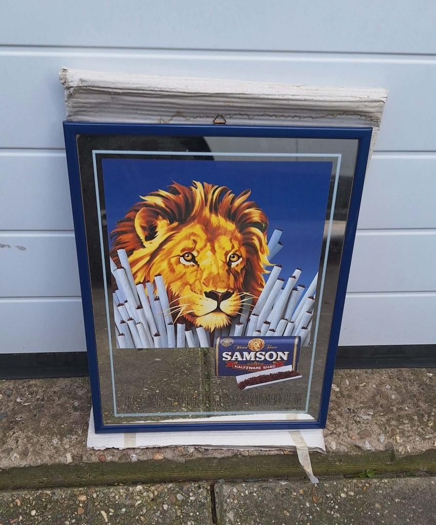 Vintage reclame spiegel van Samson halfzware shag., Ophalen, Nieuw, Overige typen