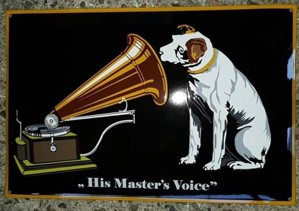 Mooi zwaar emaillen decoratie bord van His Masters Voice HMV, Ophalen of Verzenden, Zo goed als nieuw, Reclamebord