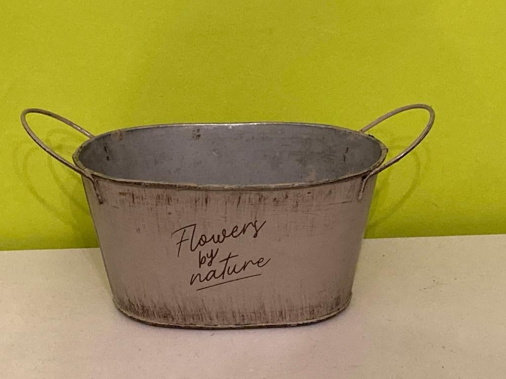 Zinken plantenpot taupe met fijne oren, Overige materialen, Gebruikt, Binnen, Ophalen of Verzenden