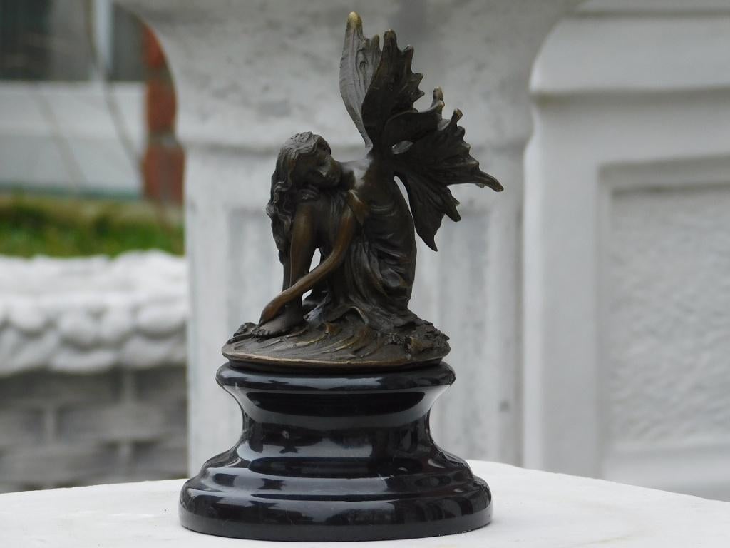 Statue en bronze - Elfe endormi - socle en marbre, Enlèvement ou Envoi, Bronze