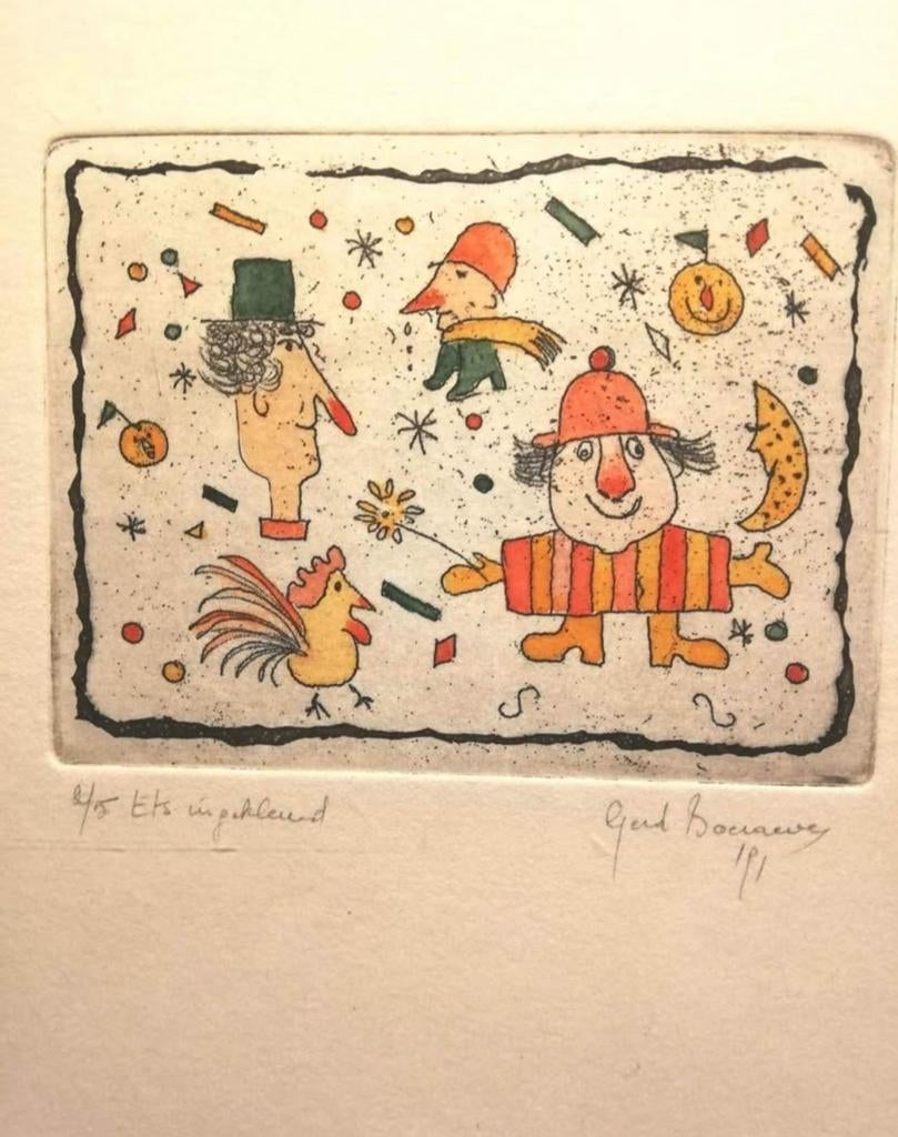 Handgekleurde ets van de kunstenaar Gerd Boeraeve(1991), Enlèvement ou Envoi