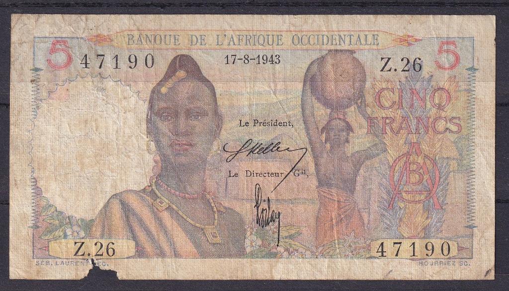 AOF – WAS 5 fr 1943 GOOD, Ophalen of Verzenden, Overige landen, Los biljet