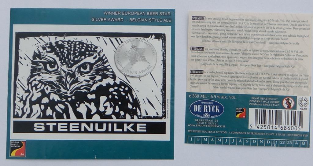 Bieretiket Steenuilke blauw brouwerij De Ryck (3q5), Ophalen of Verzenden, Gebruikt