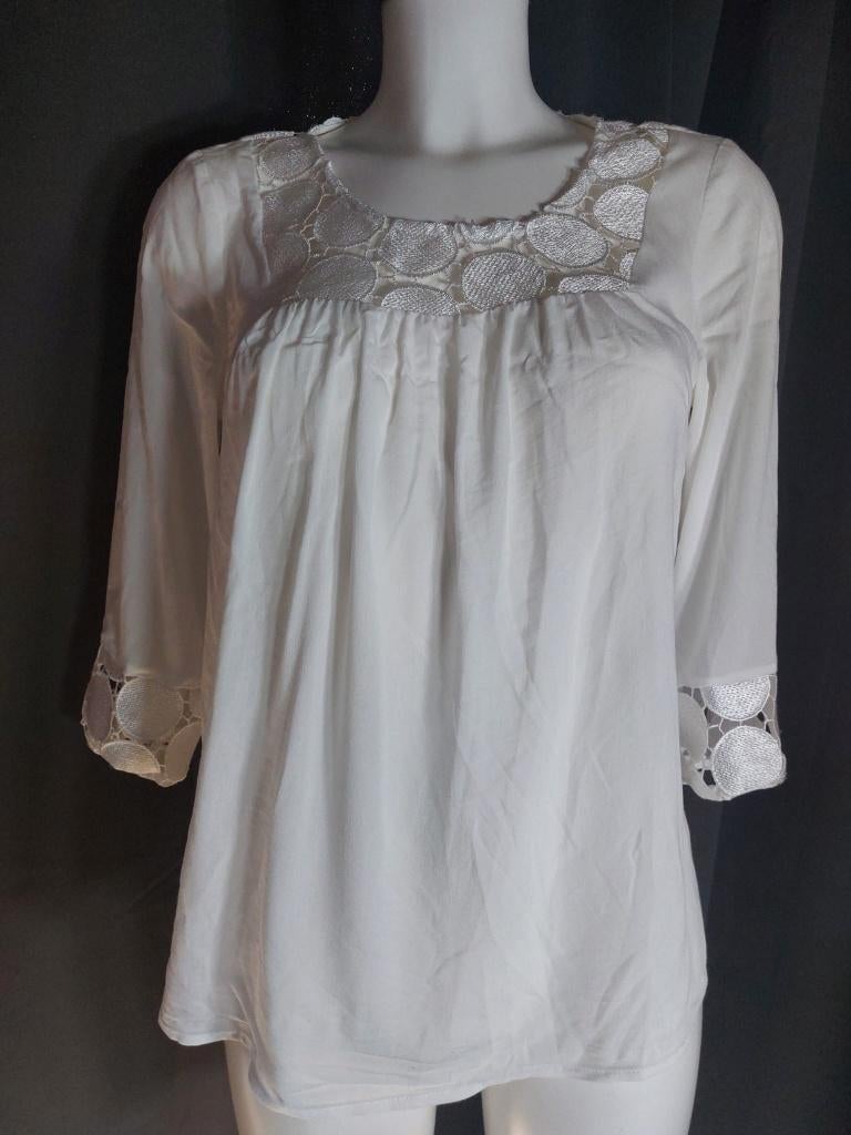 Top blanc dentelle Ichi, Enlèvement ou Envoi, Comme neuf, Manches longues, Taille 34 (XS) ou plus petite