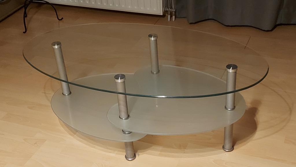 Table basse de salon ovale en verre ,pieds metal bout chromé, 100 à 150 cm, Verre, Vintage, Enlèvement