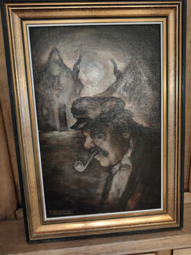 Schilderijtje van A. Hellebaut karikatuur man in de nacht, Ophalen of Verzenden