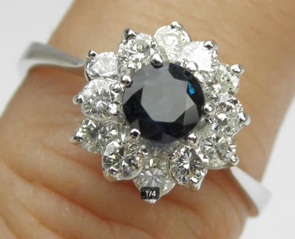 Bague en Or blanc 14crt. avec saphir et diamants (1.20crt)., Bijoux, Sacs & Beauté, Bagues, Enlèvement ou Envoi, 18 à 19, Comme neuf