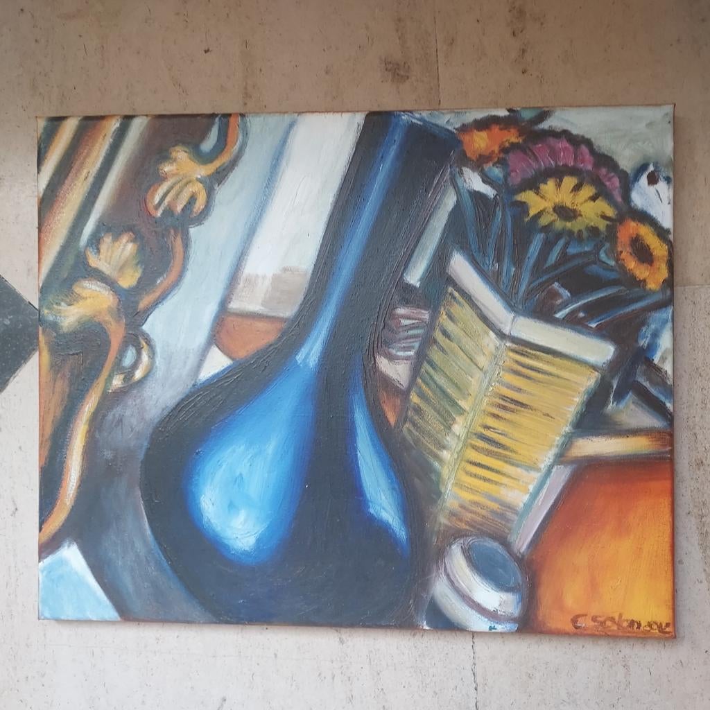 Fles met bloemen, Antiek en Kunst, Kunst | Schilderijen | Modern, Ophalen
