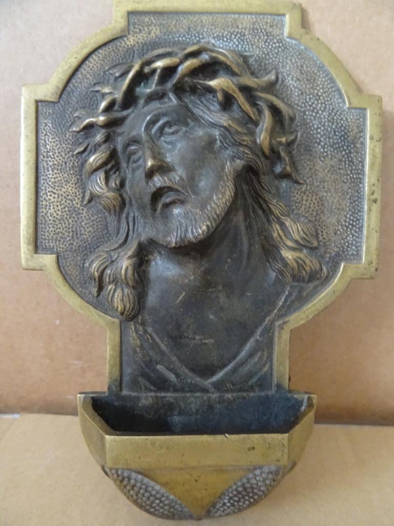 Antiek bronzen wijwaterbakje Jezus Christus wijwaterhouder, Antiek en Kunst, Antiek | Religieuze voorwerpen, Ophalen of Verzenden