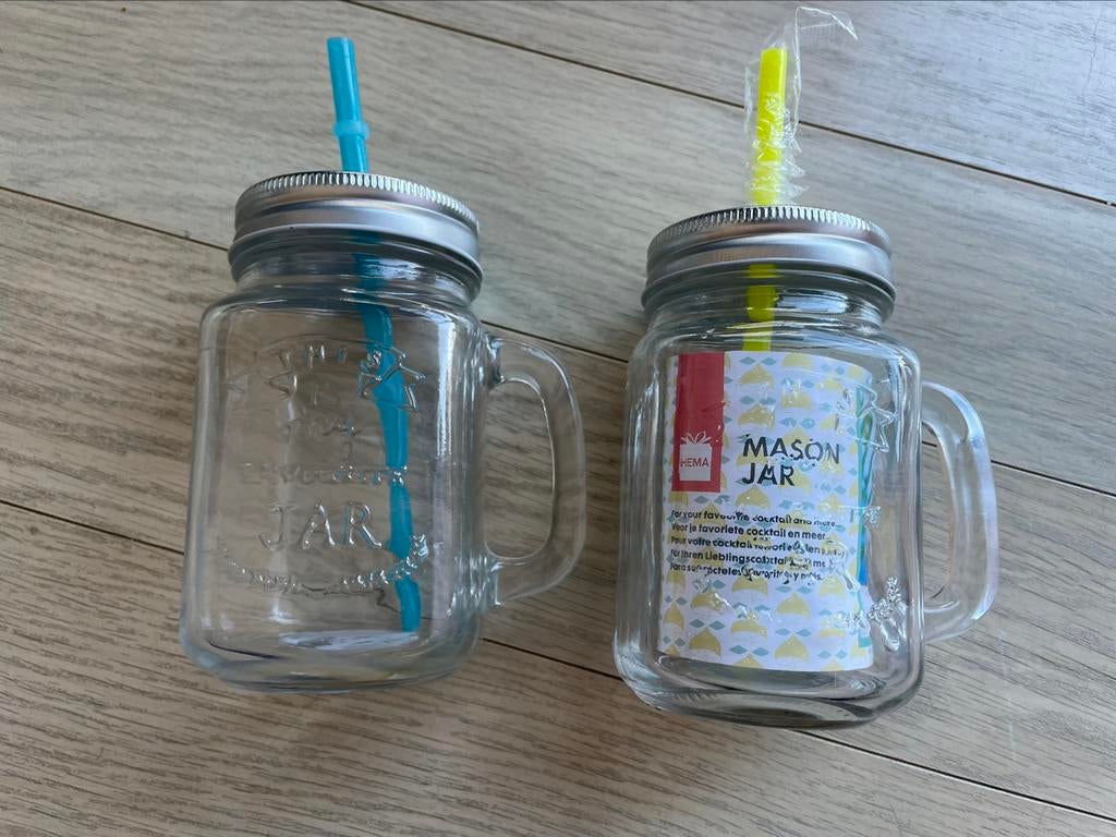 HEMA Mason jar met rietje 450ml, Verzamelen, Ophalen of Verzenden, Nieuw, Frisdrankglas