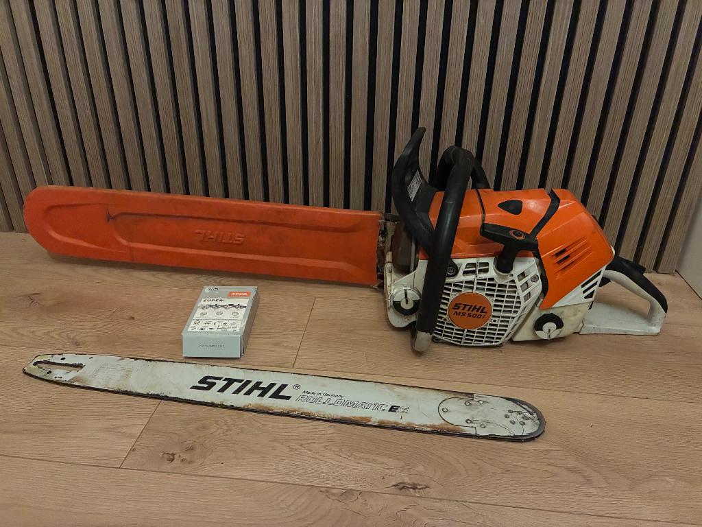 Stihl Ms 500i kettingzaag met 2 zaagbladen en nieuwe ketting, Enlèvement, Utilisé, Autres types, Stihl