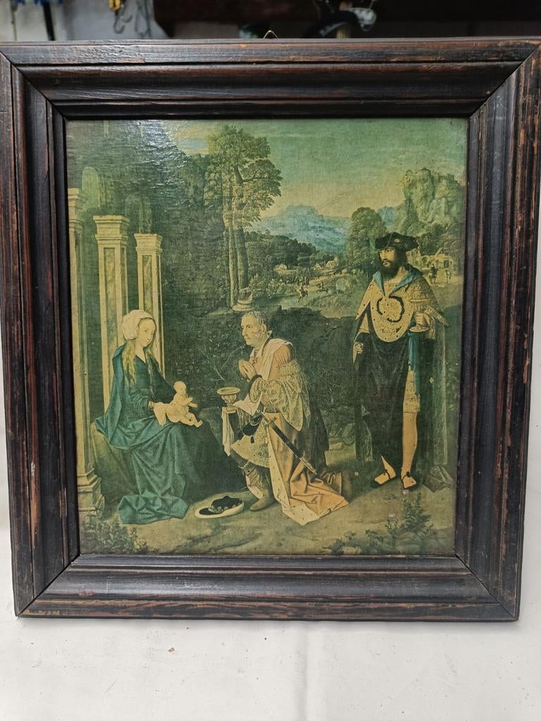 Oude prent van vrouw met kind en knielende man, Antiek en Kunst, Kunst | Schilderijen | Klassiek, Ophalen