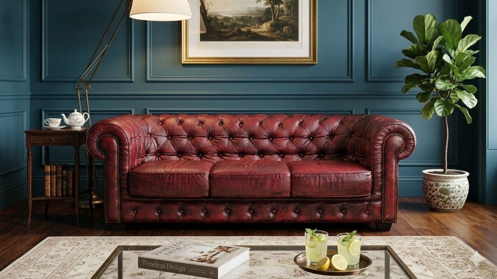 véritable canapé Chesterfield 3 places Oxblood, Enlèvement, Utilisé, Cuir