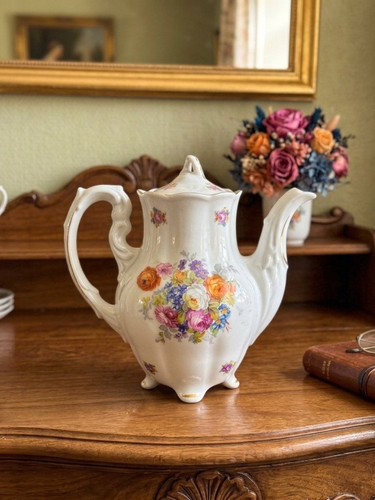 Cafetière / Théière ancienne en porcelaine - Décor floral, Envoi