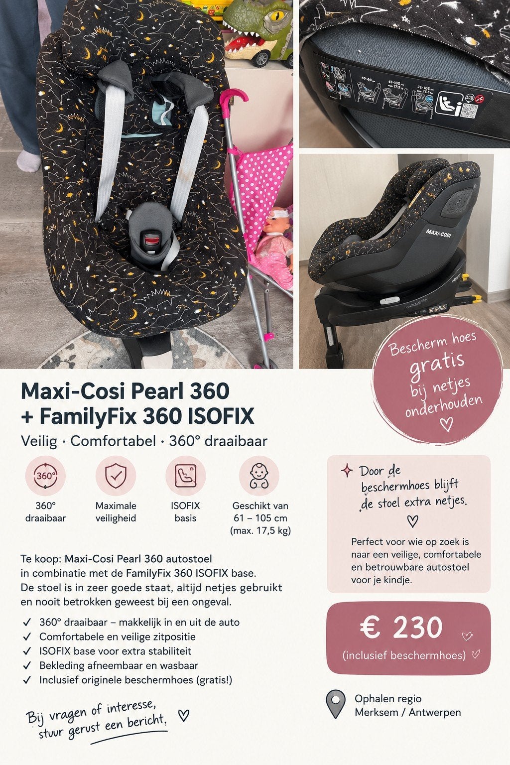 Maxi-Cosi Pearl 360 + FamilyFix 360 ISOFIX, 0 à 18 kg, Enlèvement, Utilisé, Isofix