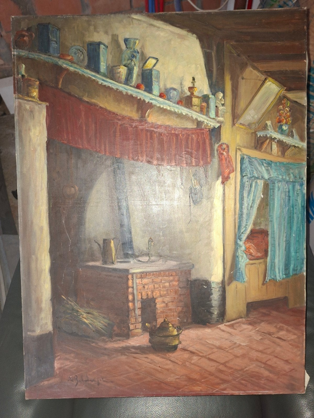 Schilderij Vlaams binnenhuis Jos de Zutter, Ophalen, Doek, Gesigneerd, Olieverf