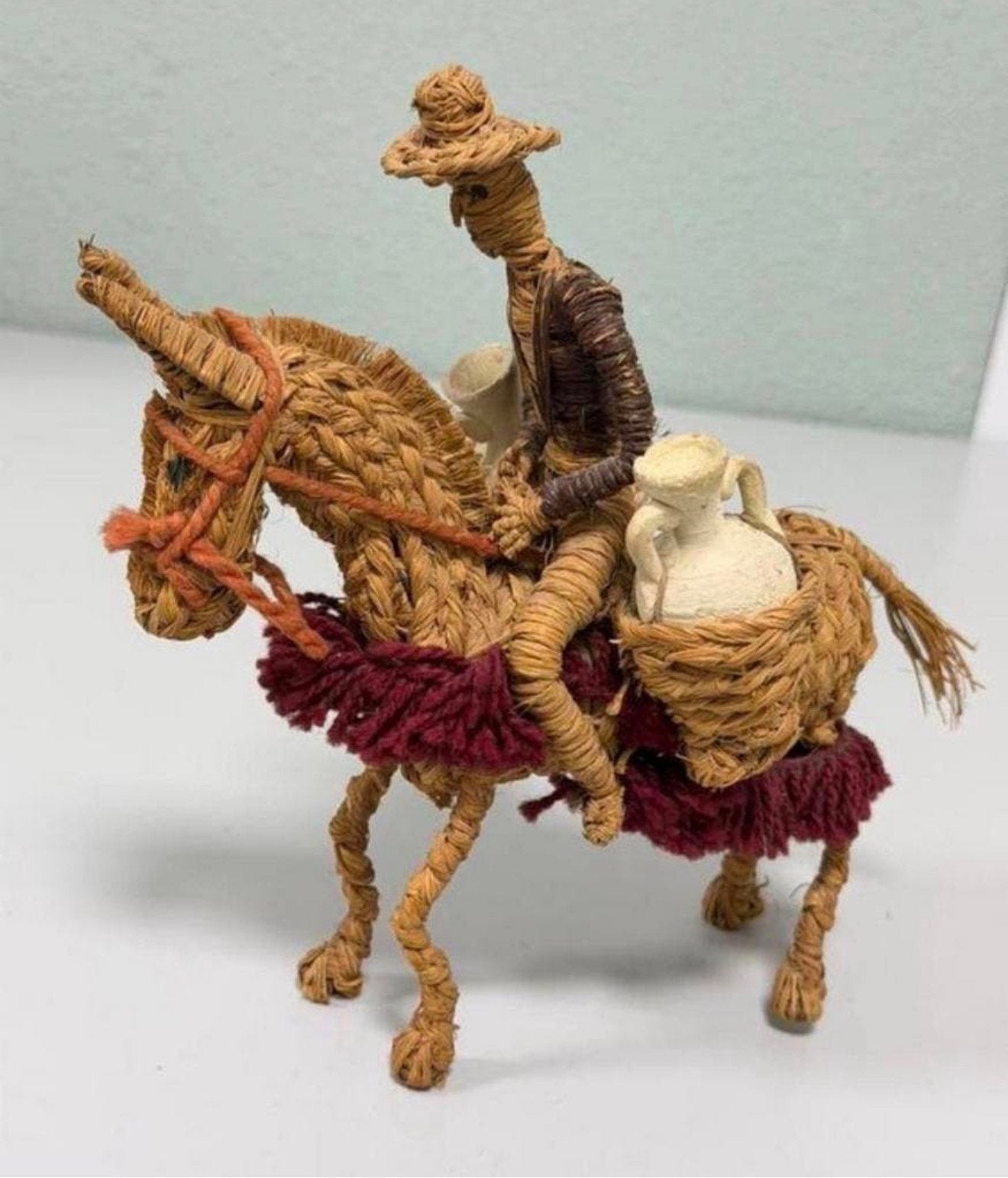 Handgemaakt vintage rieten ezel met rijder folkloristisch, Antiek en Kunst, Ophalen of Verzenden