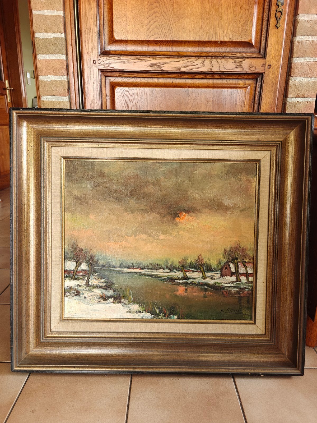 Olieverfschilderij Winterlandschap / Rivierlandschap - M. Li, Antiek en Kunst, Ophalen, Klassiek, Gesigneerd, Doek