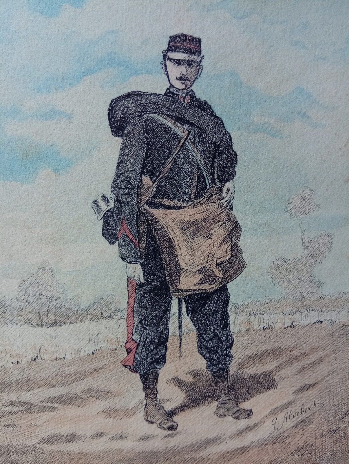 Militaria. 2 antieke aquarellen gesigneerd Aldebert. Soldate, Ophalen of Verzenden