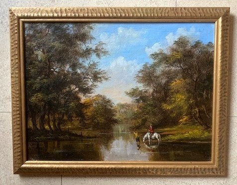 Klassiek - homme à cheval dans l'eau - monogramme AC, Antiquités & Art, Peinture à l'huile, Paysage, Enlèvement, Encadré