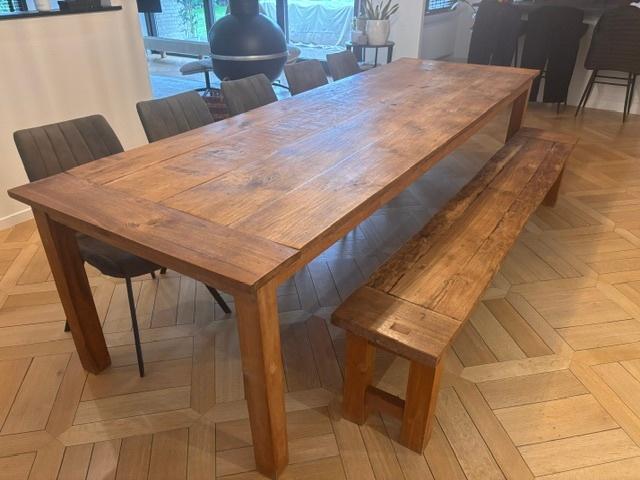 kloostertafel 300cm x 100cm + zitbank + 5 stoelen, Ophalen, Gebruikt, 100 tot 150 cm, Eikenhout
