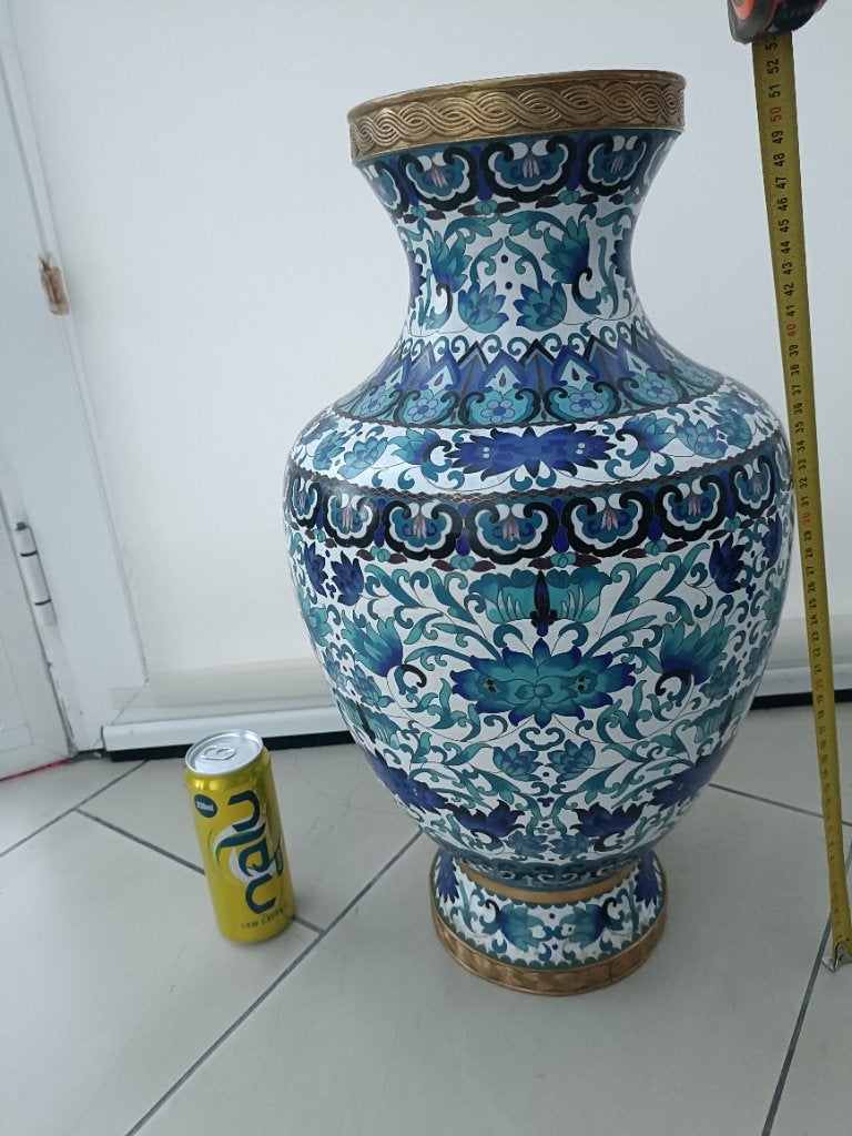 Chinees groot cloisonne vaas, kopere vaas, antiek blauwe vaa, Antiek en Kunst, Ophalen
