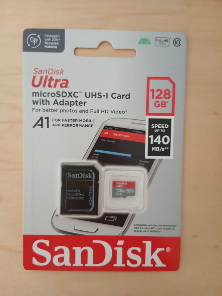 1 nieuwe kaart in verpakking met 128 GB SanDisk-adapter, Ophalen, SD, Nieuw, SanDisk