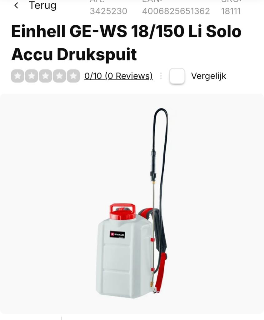 Einhell accu drukspuit 15l, Tuin en Terras, Ophalen