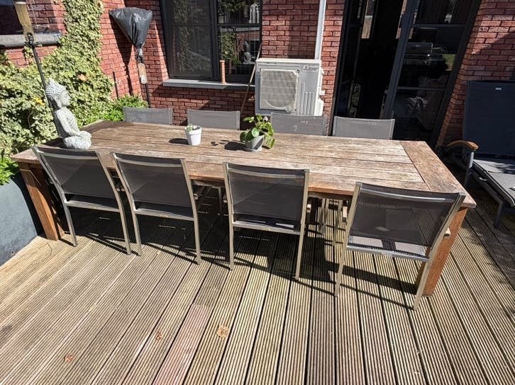Teakhouten buitentafel + 8 stoelen, Ophalen, Gebruikt, Rechthoekig, Hout