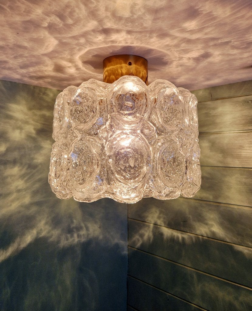 Limburgse plafondlamp in messing en getextureerd glas, 1970, Ophalen of Verzenden