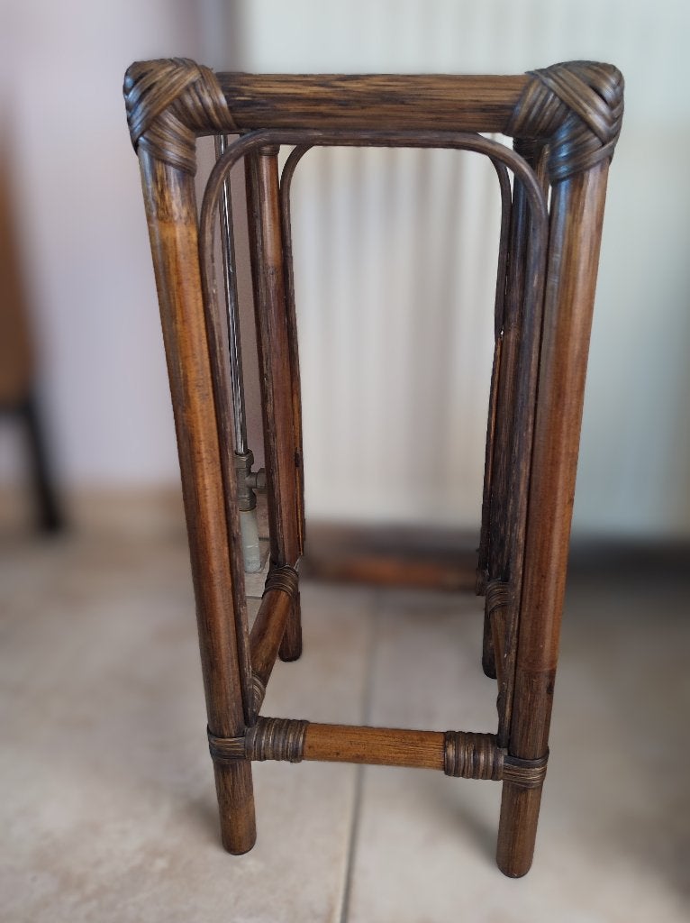 Sellette, table d'appoint. En bambou et rotin avec verre, Enlèvement ou Envoi, Moins de 55 cm, Mid-Century, Bohemian Chic, Carré