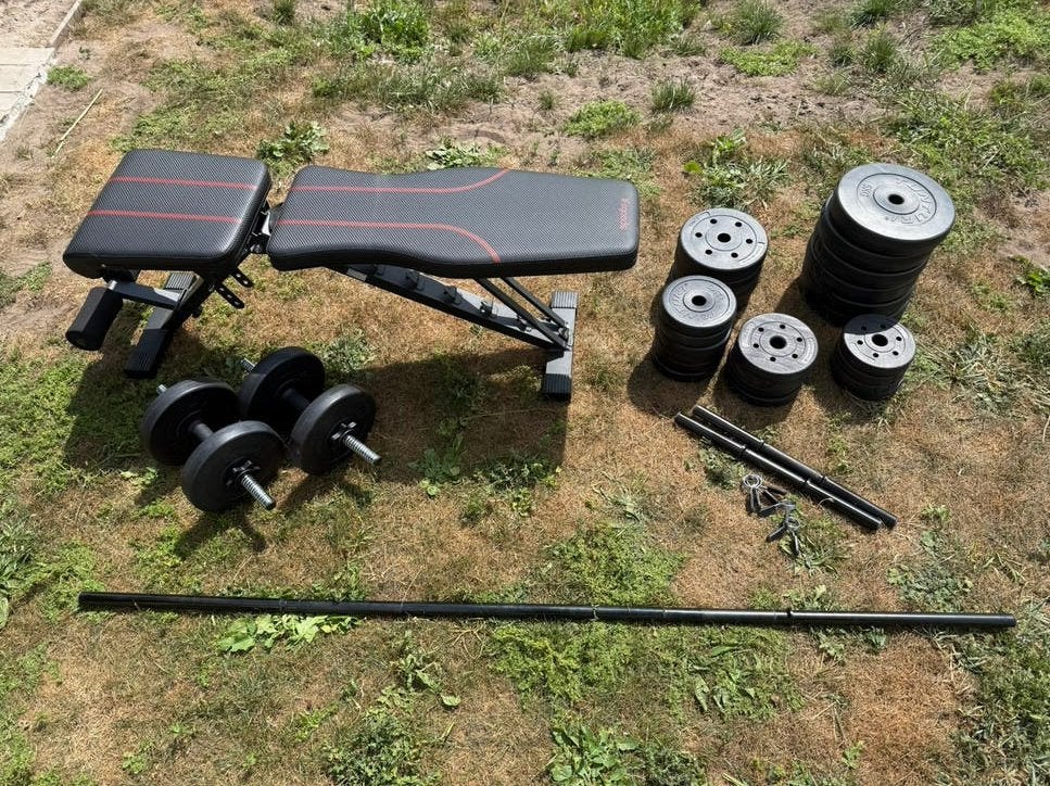 Complete thuisgym set - bank, halterstang, dumbells, rekkers, Sport en Fitness, Fitnessmaterialen, Ophalen, Zo goed als nieuw
