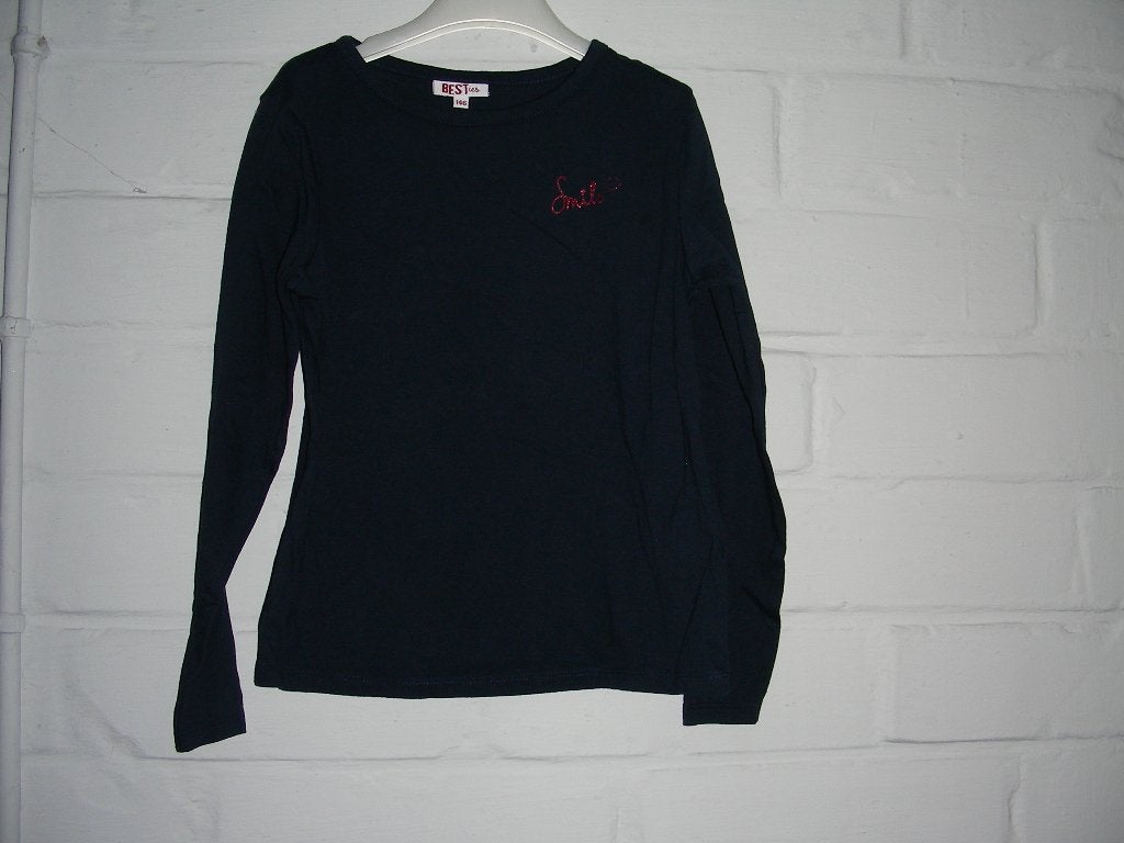 Donkerblauw t-shirt lange mouwen tekst 'Smile', JBC, 146, Kinderen en Baby's, Kinderkleding | Maat 146, Meisje, JBC, Ophalen of Verzenden
