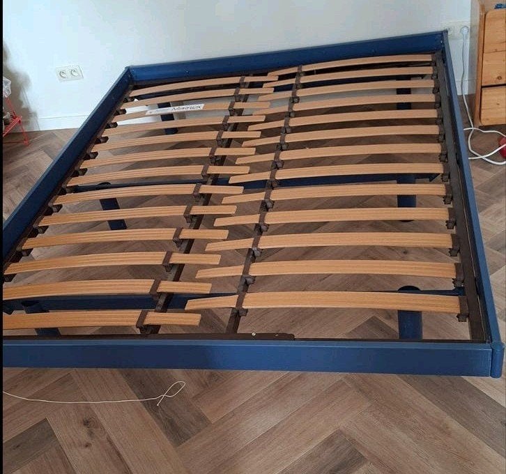 Bed, blauw frame, 160x200., Ophalen, Gebruikt, Blauw, Tweepersoons
