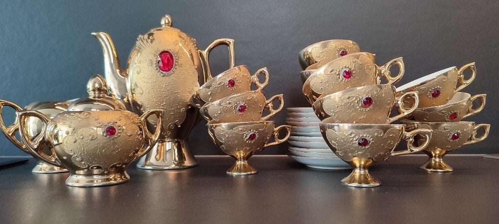 Vintage Flores/Bavaria goudverguld porseleinen koffieset., Antiek en Kunst, Antiek | Servies compleet, Ophalen of Verzenden