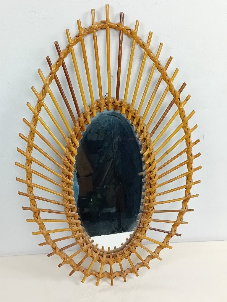 Magnifique miroir solaire en rotin des années 1960, Antiquités & Art, Enlèvement ou Envoi, Ovale, Moins de 50 cm, Moins de 100 cm