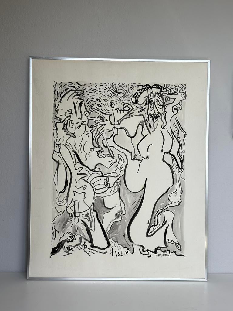 Vintage expressieve inkttekening “CHAPEAU” – Antwerpen, 1970, Ophalen of Verzenden