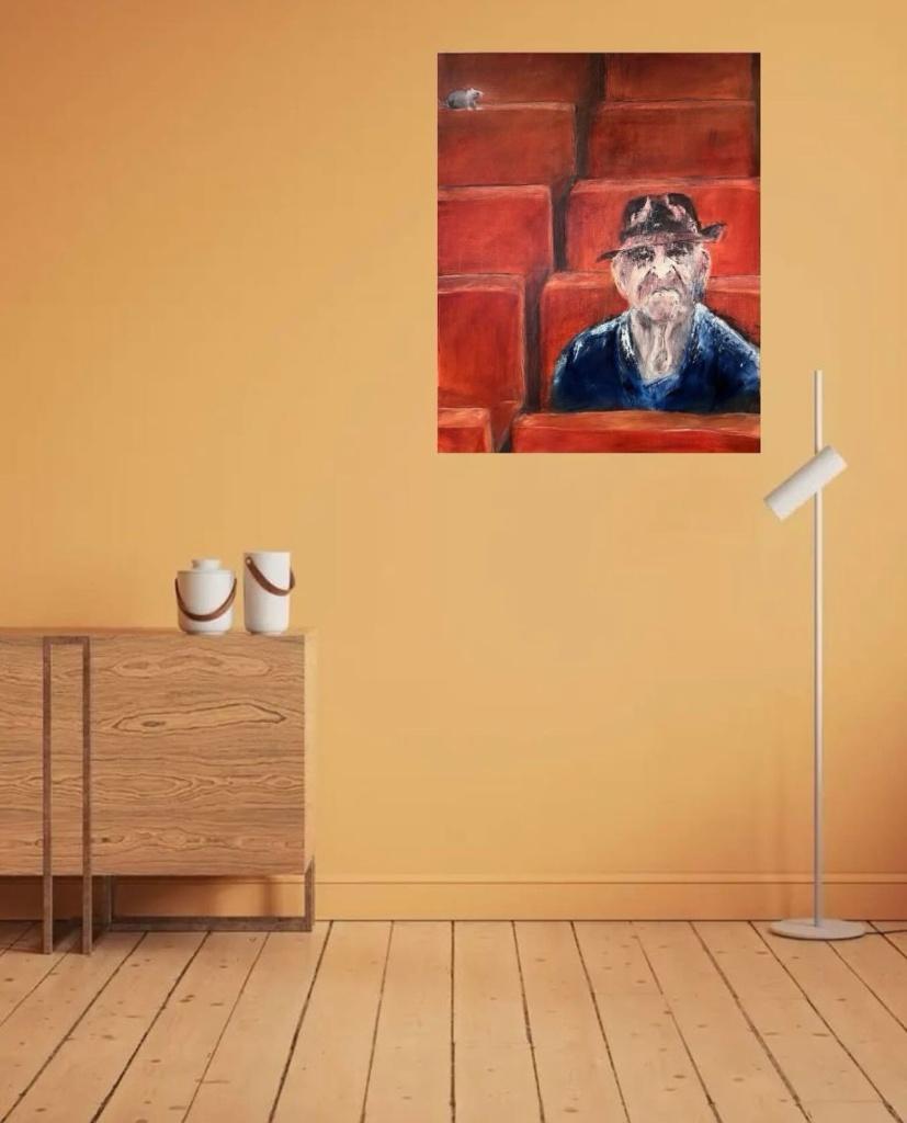 Schilderij peinture painting ‘Cinema alone’ – Oil on canvas, Antiek en Kunst, Kunst | Schilderijen | Modern, Ophalen