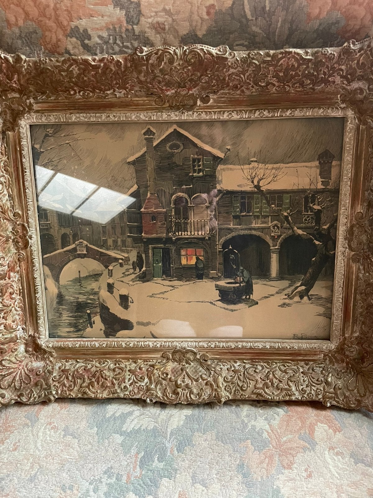 Kunstdruk van sfeervol winters stadsgezicht, Antiek en Kunst, Ophalen, Achter glas
