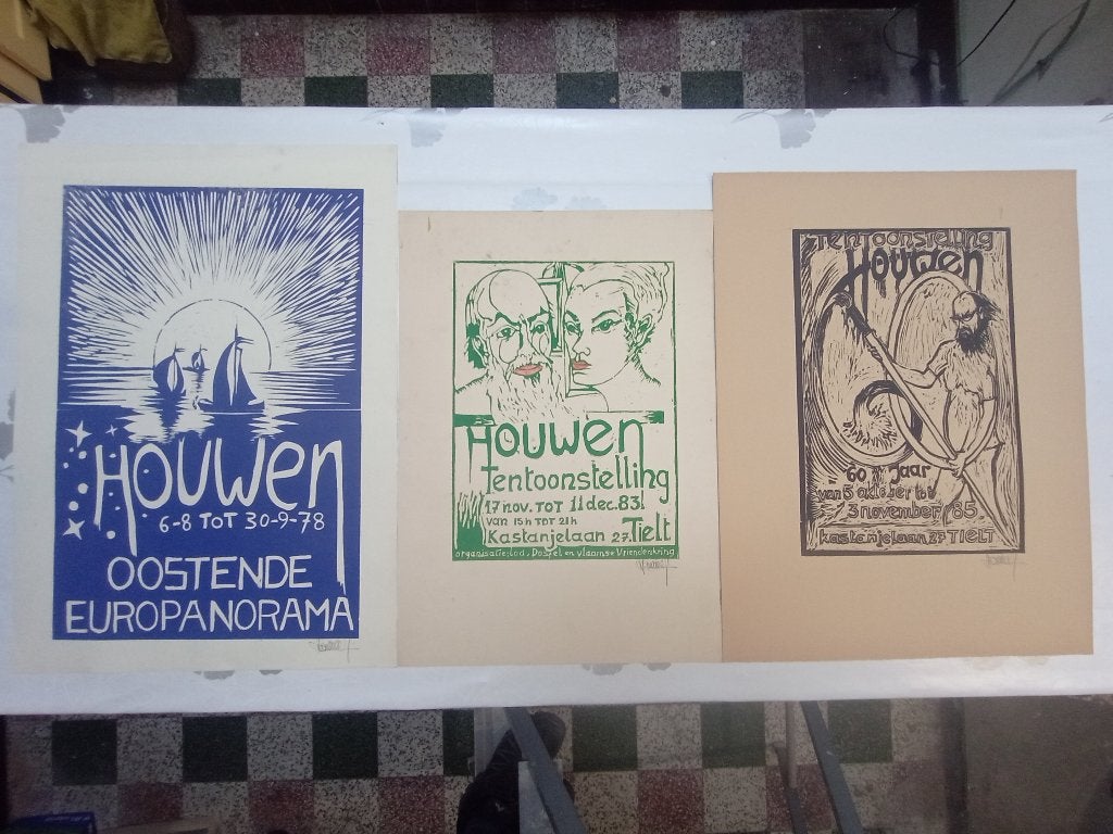 3 Linogravures Jef Houwen Signées Affiches Tielt 60x40, B23, Enlèvement ou Envoi