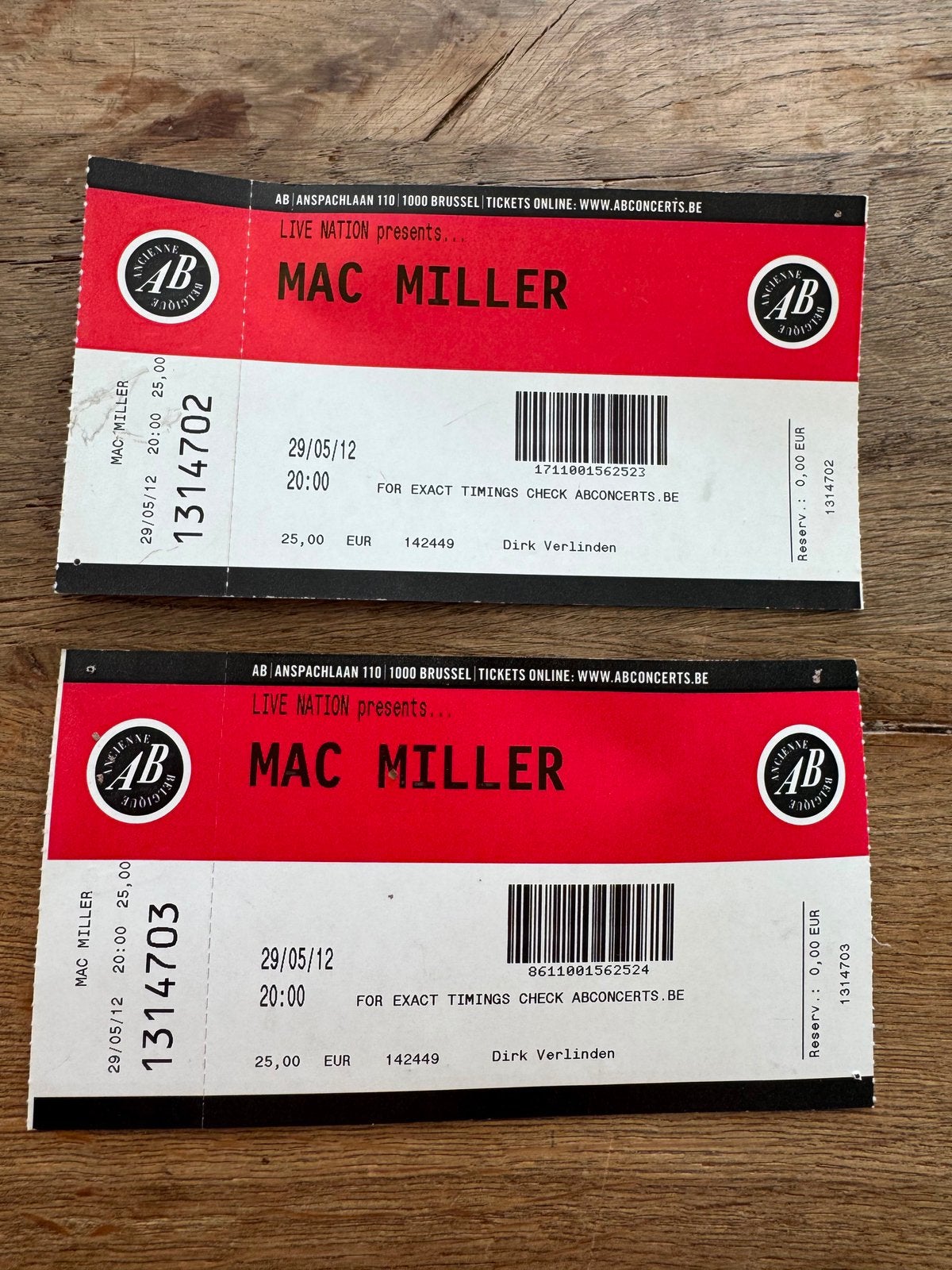 Mac Miller 2 tickets AB 29/05/2012, Ophalen of Verzenden, Zo goed als nieuw