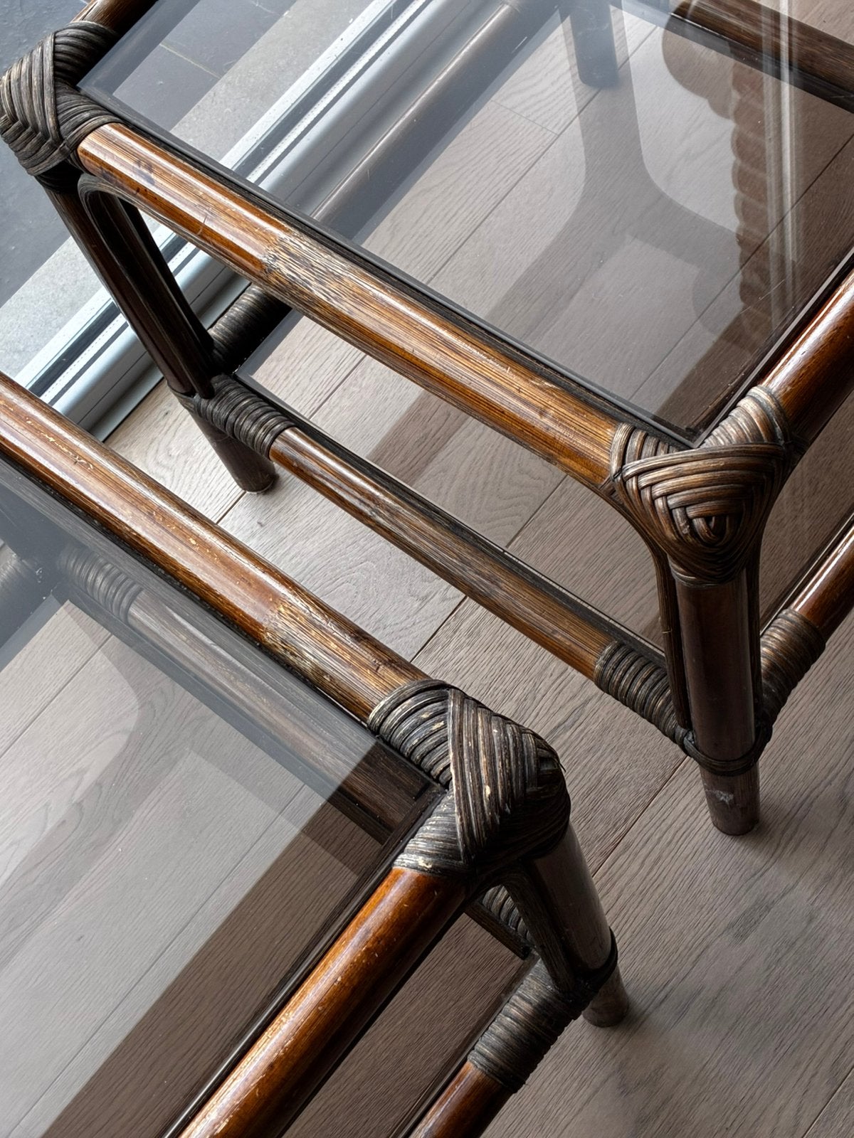Salontafel bamboe 2 stuks, Huis en Inrichting, Ophalen, Zo goed als nieuw, Vierkant, Glas