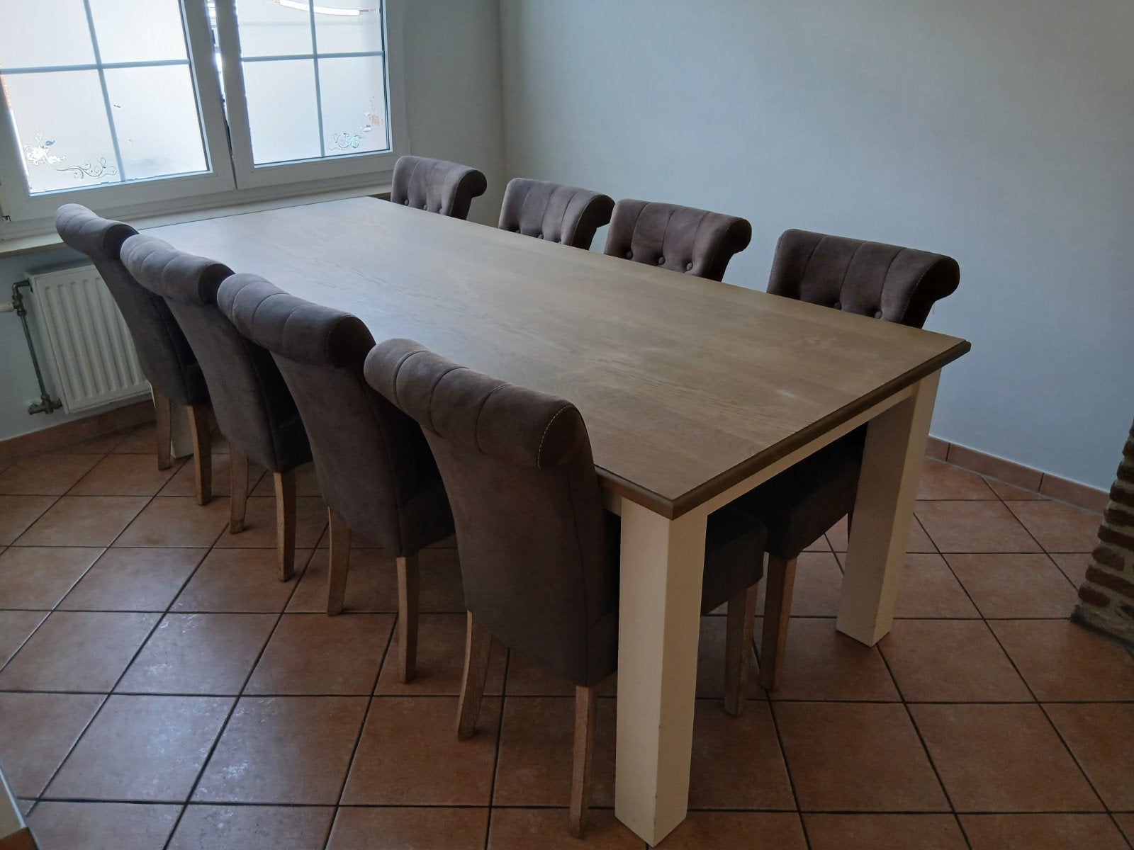 Landelijke tafel met 8 stoelen, Huis en Inrichting, Tafels | Eettafels, Ophalen, Gebruikt, 100 tot 150 cm, Eikenhout