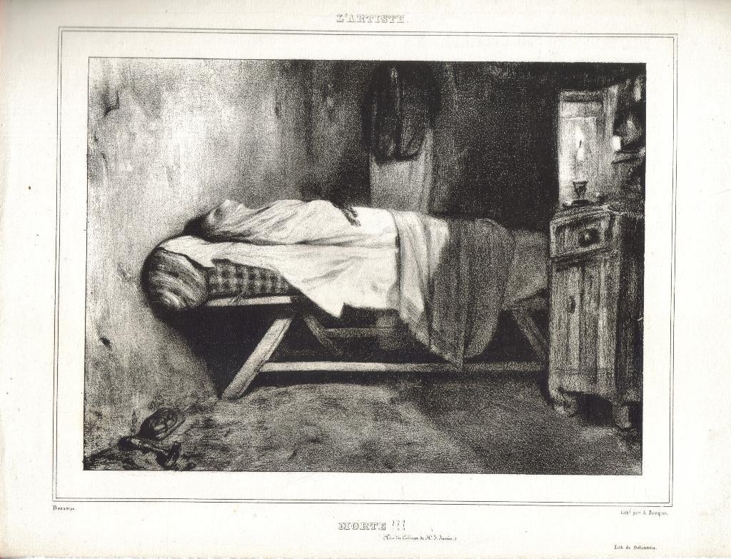 Auguste Bouquet naar Decamps litho "Morte!", druk Delaunois, Antiek en Kunst, Ophalen