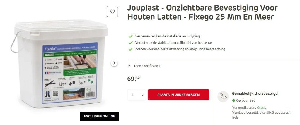Bevestigingssysteem vr houten terrasplanken Fixego Jouplast, Tuin en Terras, Ophalen, Nieuw, Kunststof